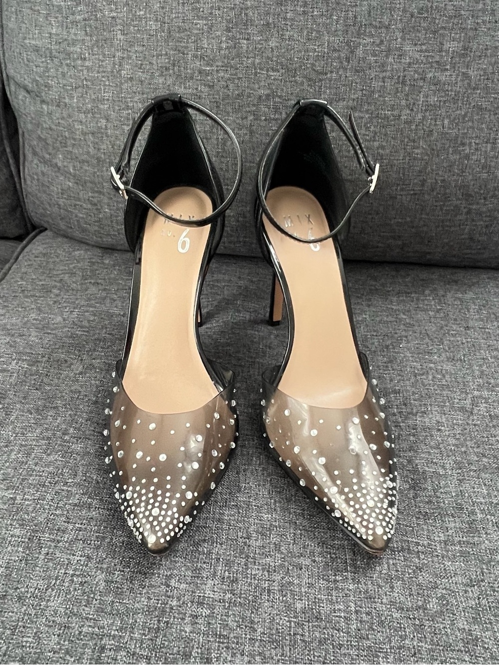 Mix No. 6 Black Pointed Toe Ankle-Strap Heels with Clear Rhinestone-Dotted Vamp